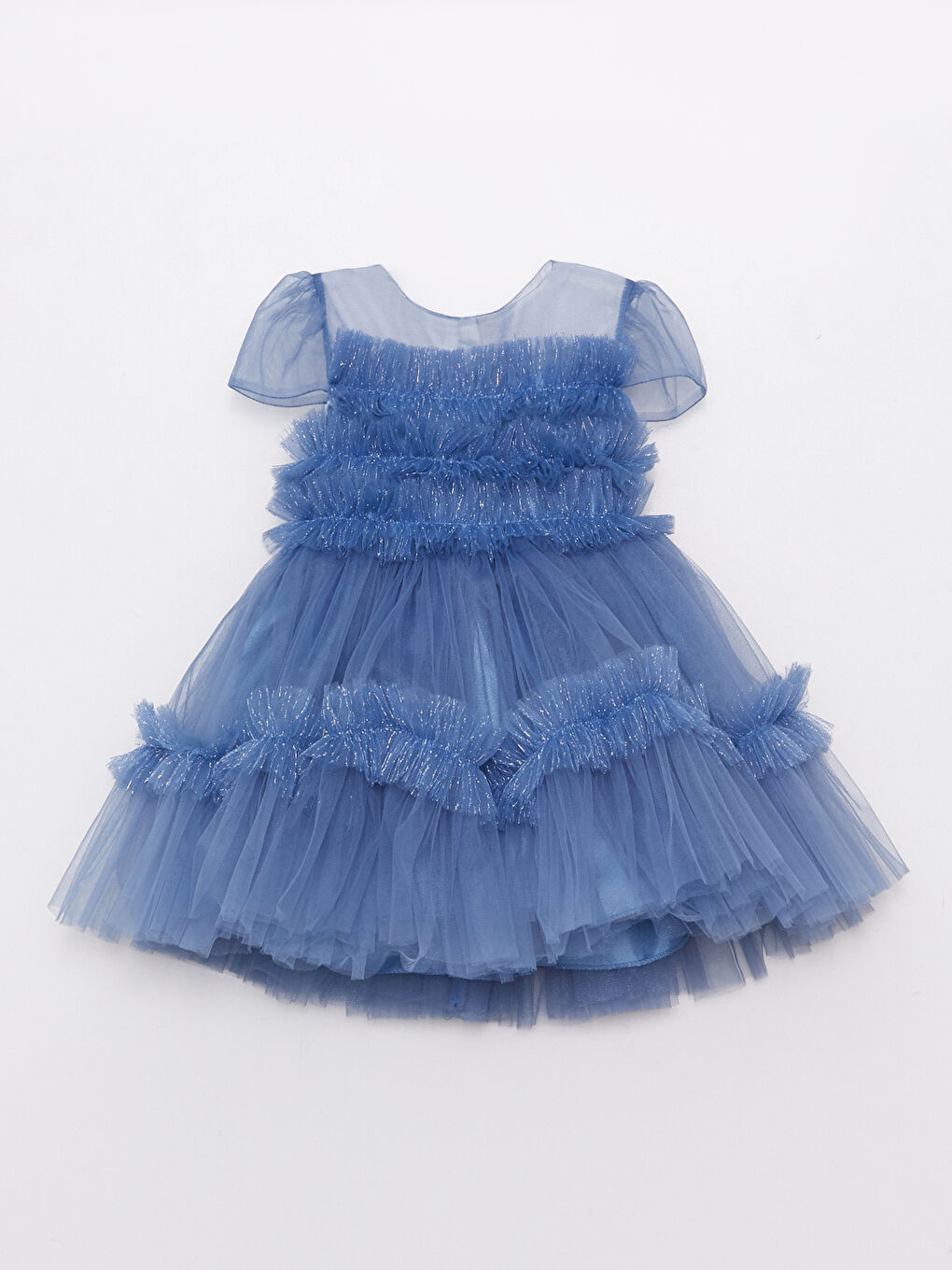İndigo Bisiklet Yaka Fırfır Detaylı Kısa Kollu Kız Bebek Tül Elbise