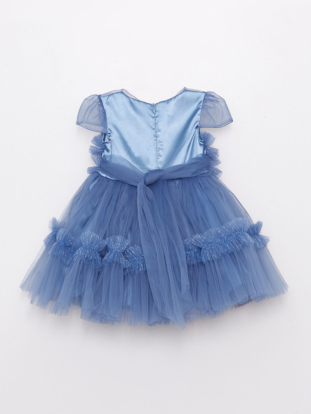 İndigo Bisiklet Yaka Fırfır Detaylı Kısa Kollu Kız Bebek Tül Elbise-1