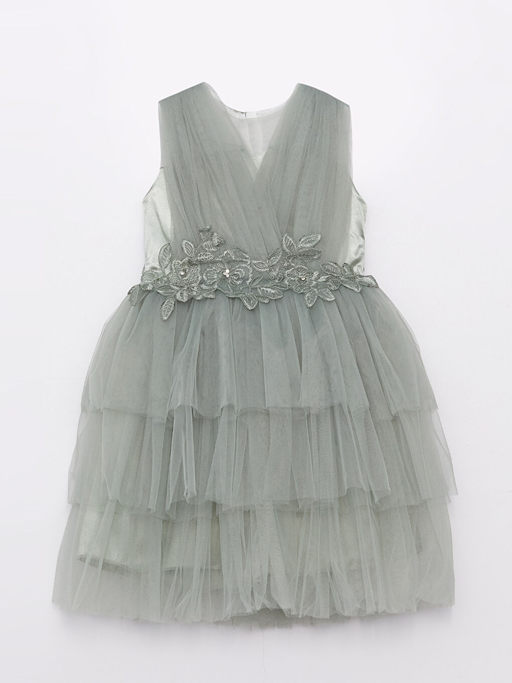 Yeşil Bisiklet Yaka Nakış Detaylı Kız Çocuk Elbise