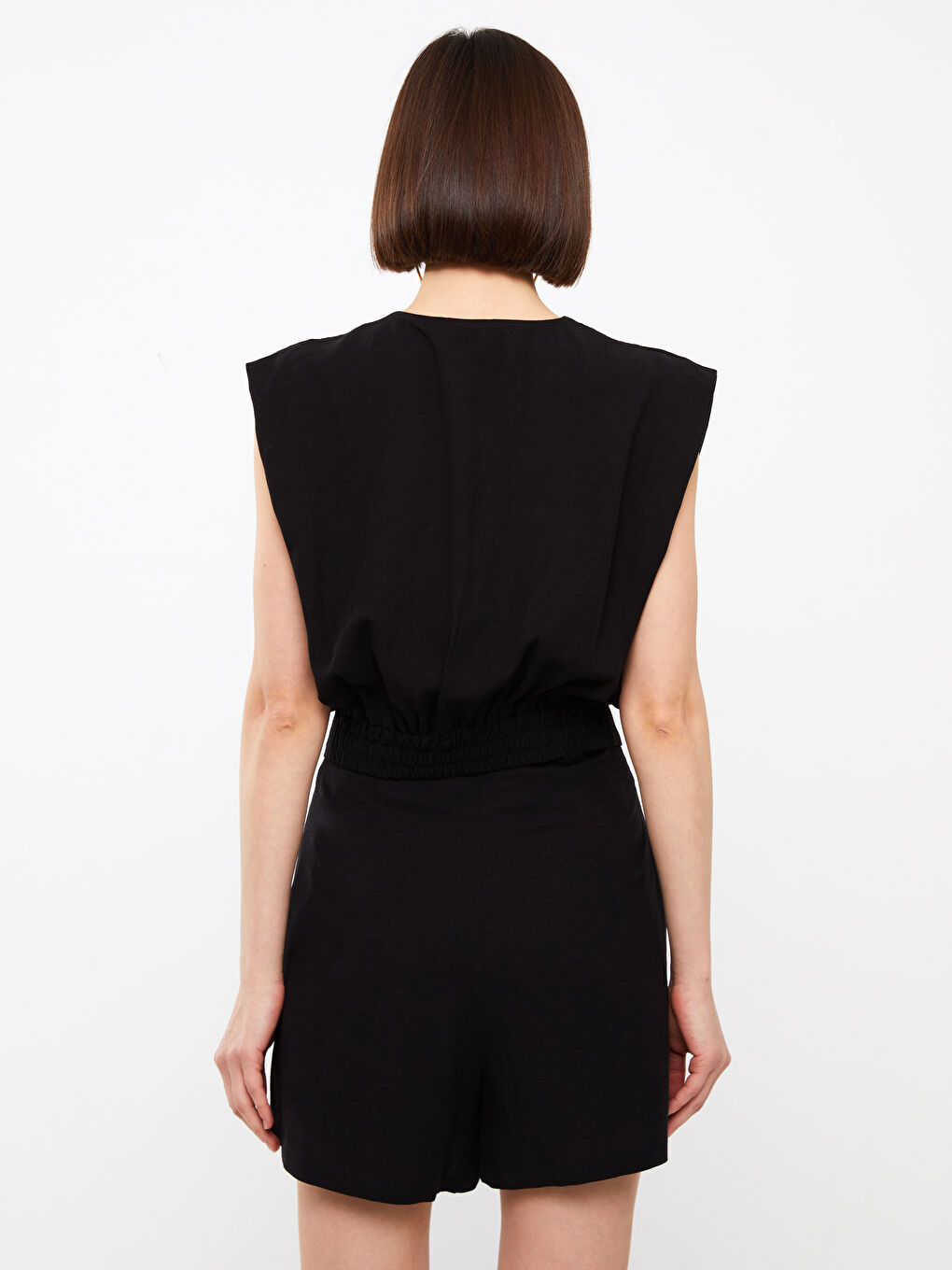 Siyah Kruvaze Yaka Düz Keten Karışımlı Kadın Bluz-4