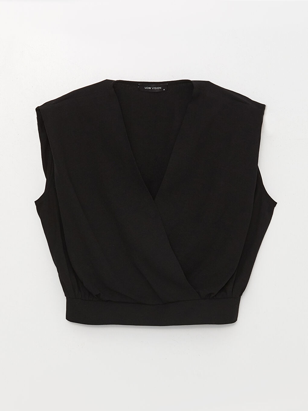 Siyah Kruvaze Yaka Düz Keten Karışımlı Kadın Bluz-5