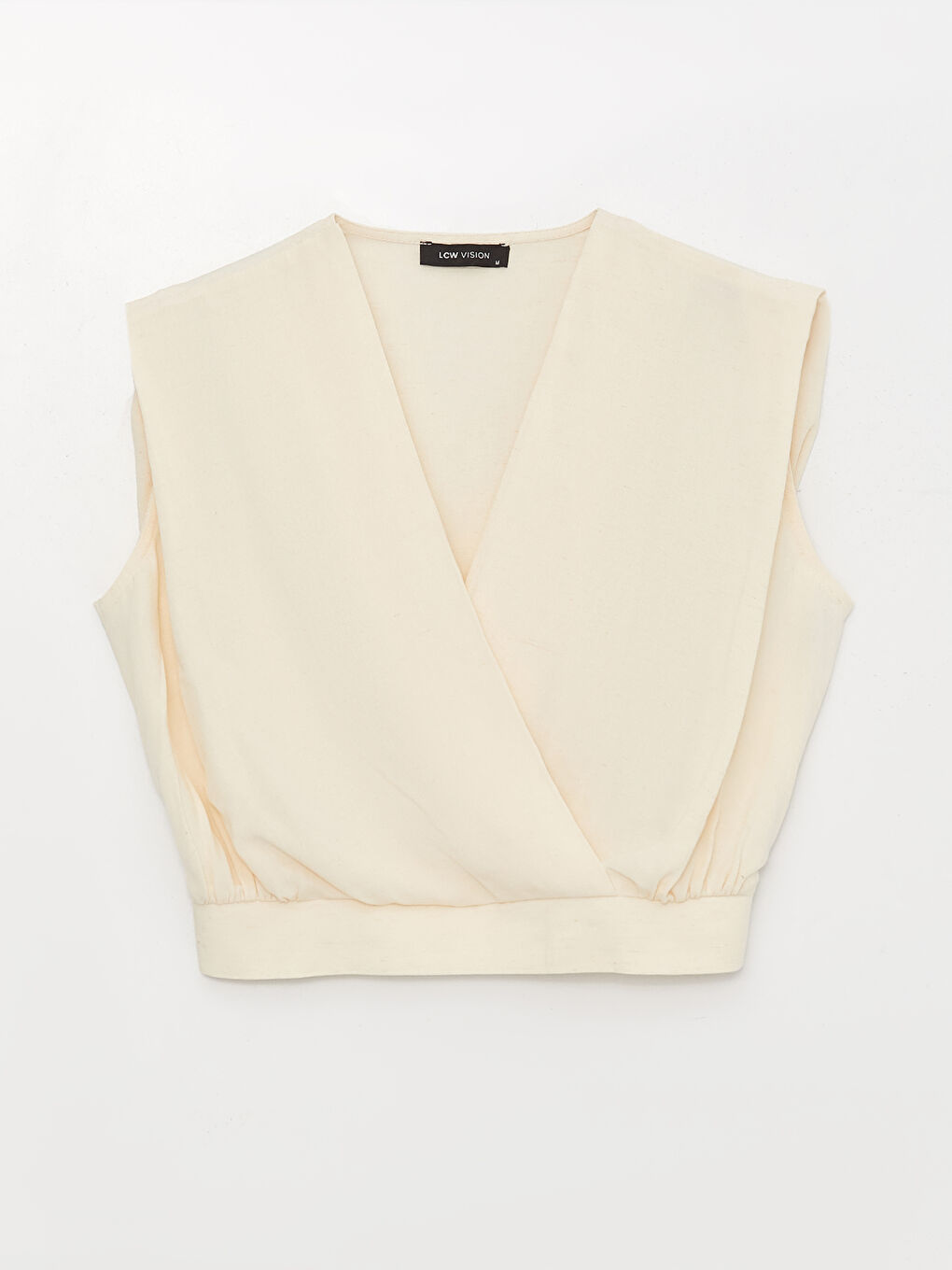 Ekru Kruvaze Yaka Düz Keten Karışımlı Kadın Bluz-5