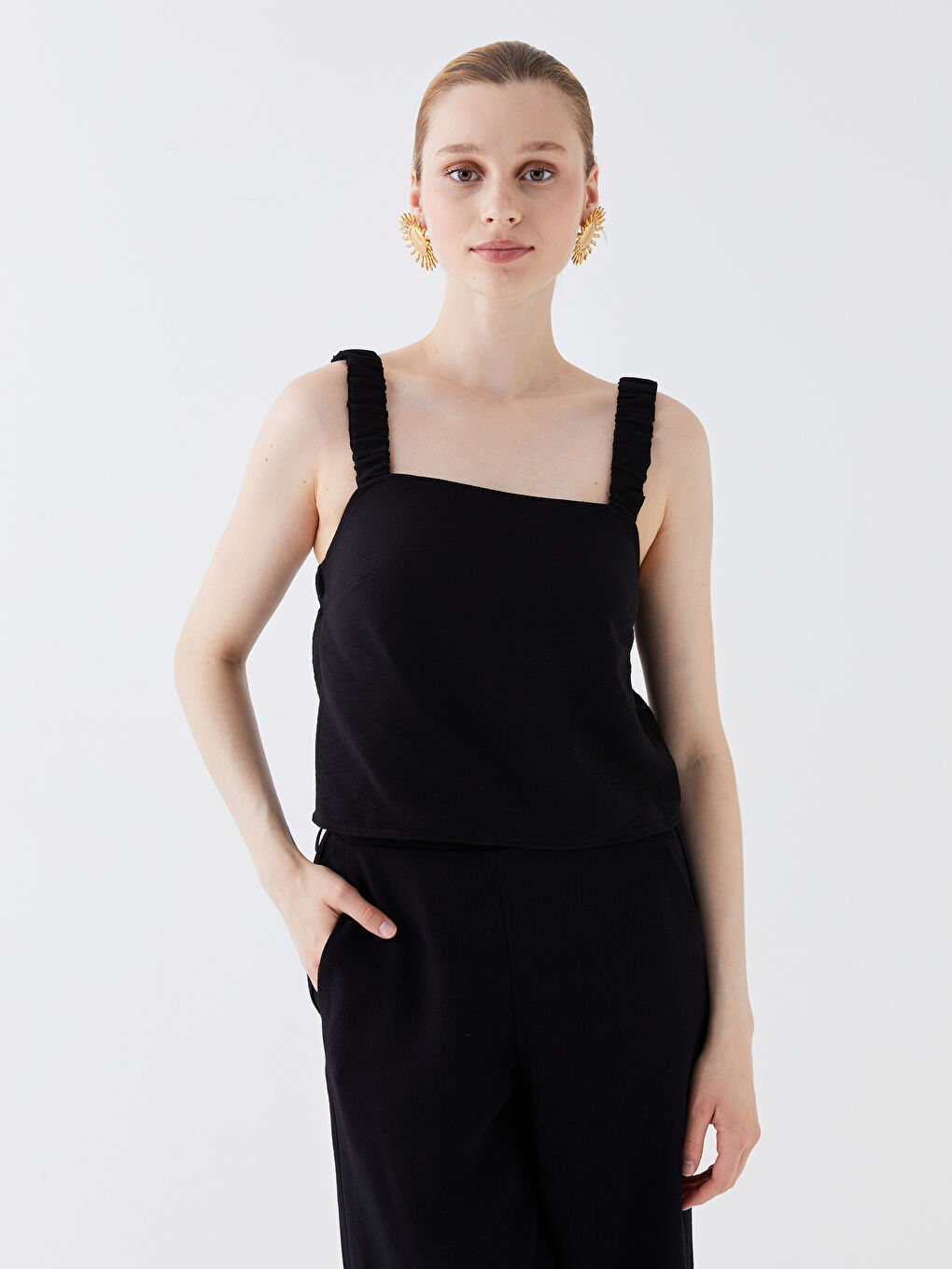 Square Neck Plain Strappy Crop Linen-Look Women's Blouse -S3IA52Z8-CVL