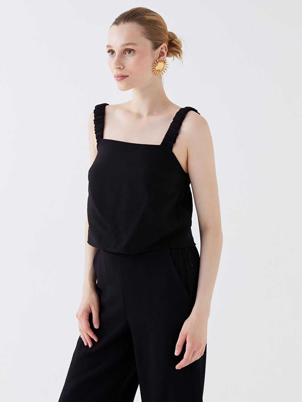 Square Neck Plain Strappy Crop Linen-Look Women's Blouse -S3IA52Z8-CVL