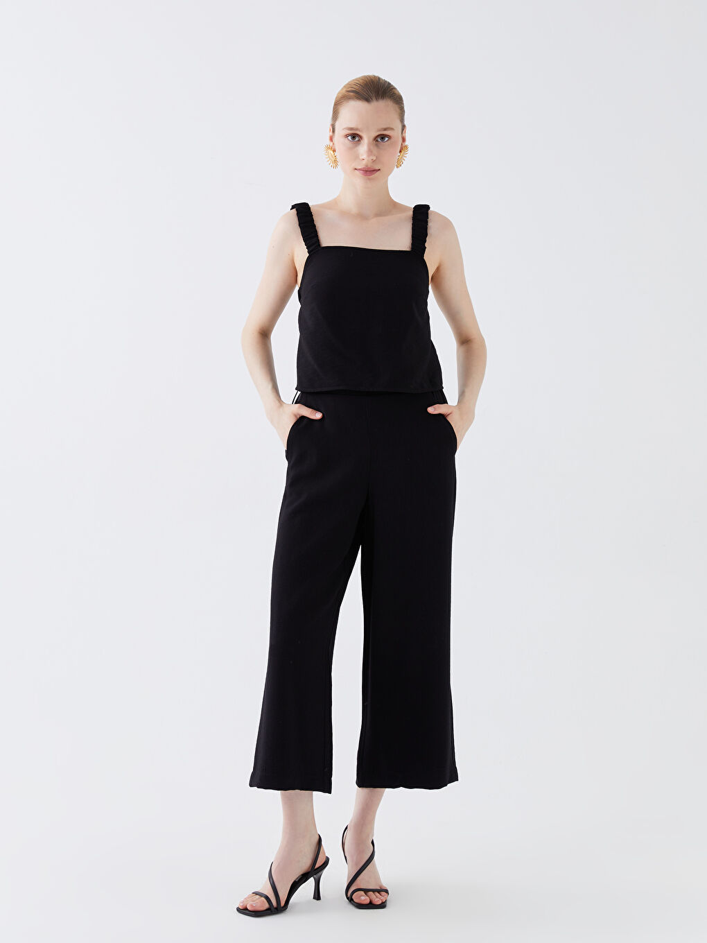 Square Neck Plain Strappy Crop Linen-Look Women's Blouse -S3IA52Z8-CVL