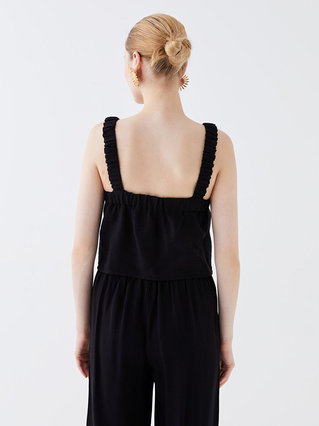 Square Neck Plain Strappy Crop Linen-Look Women's Blouse -S3IA52Z8-CVL