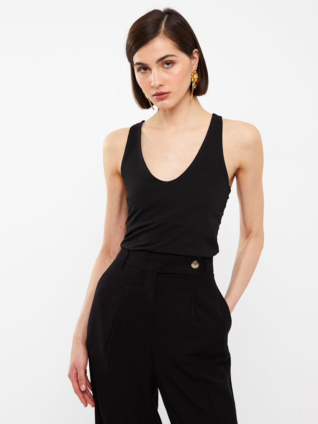 Siyah Kadın V Yaka Düz Atlet