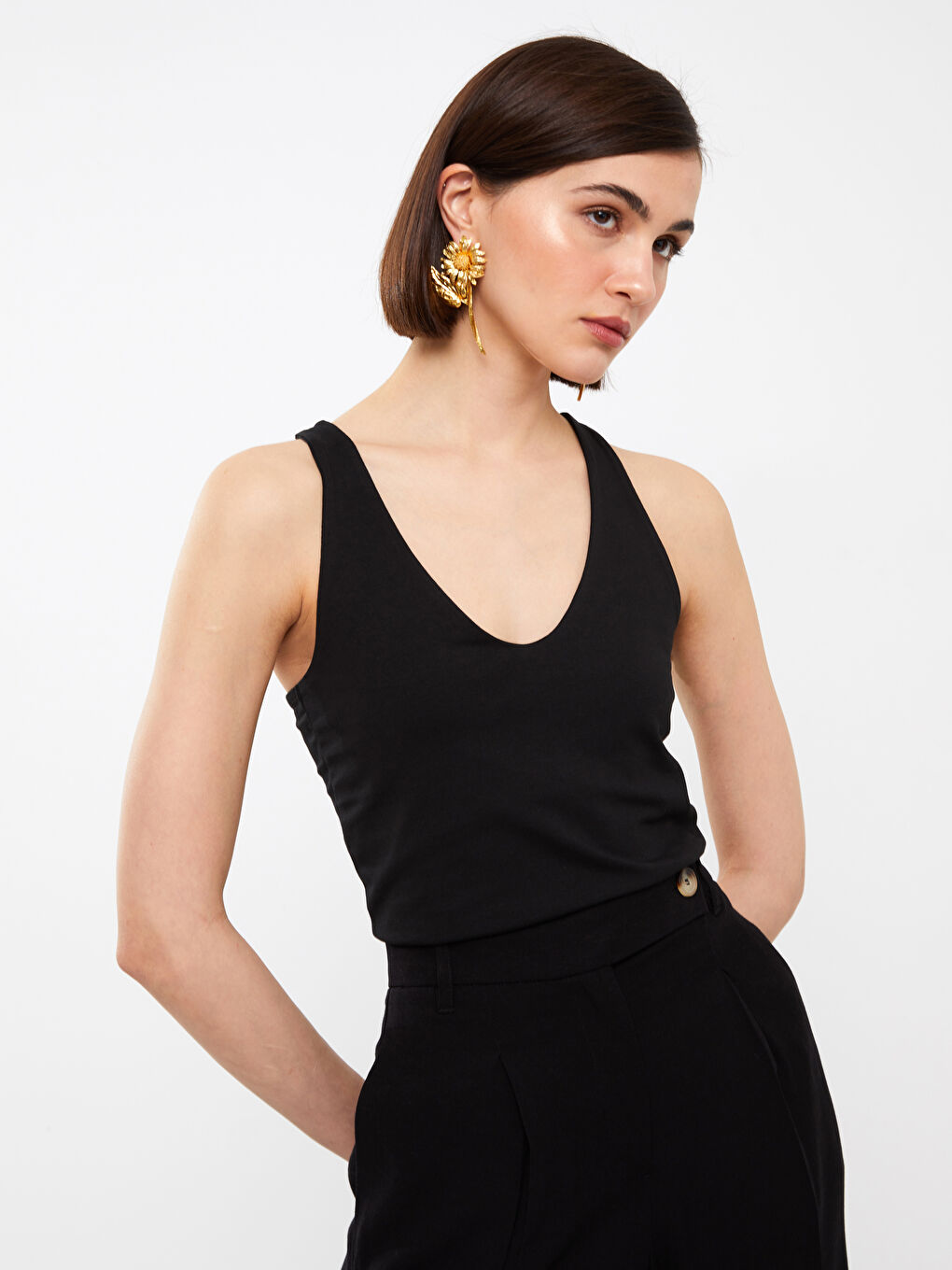 Siyah Kadın V Yaka Düz Atlet-1