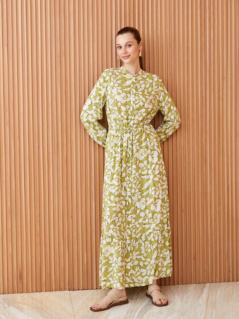 Grandad Collar Floral Long Sleeve Women's Shirt Dress-0