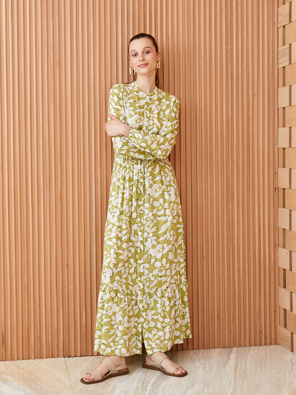 Grandad Collar Floral Long Sleeve Women's Shirt Dress-1