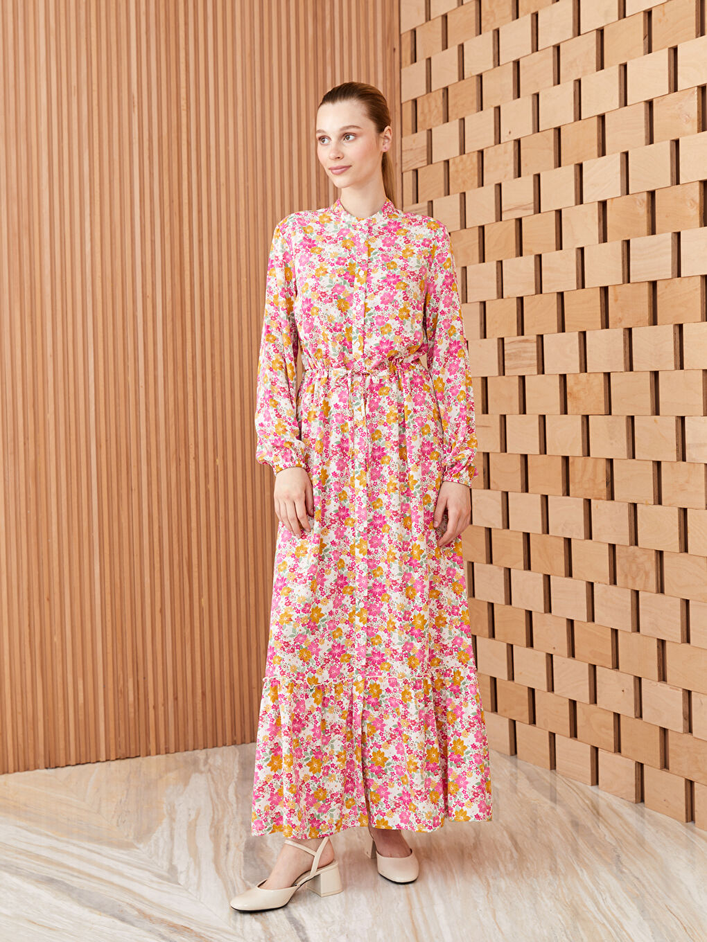 Grandad Collar Floral Long Sleeve Women's Shirt Dress-1