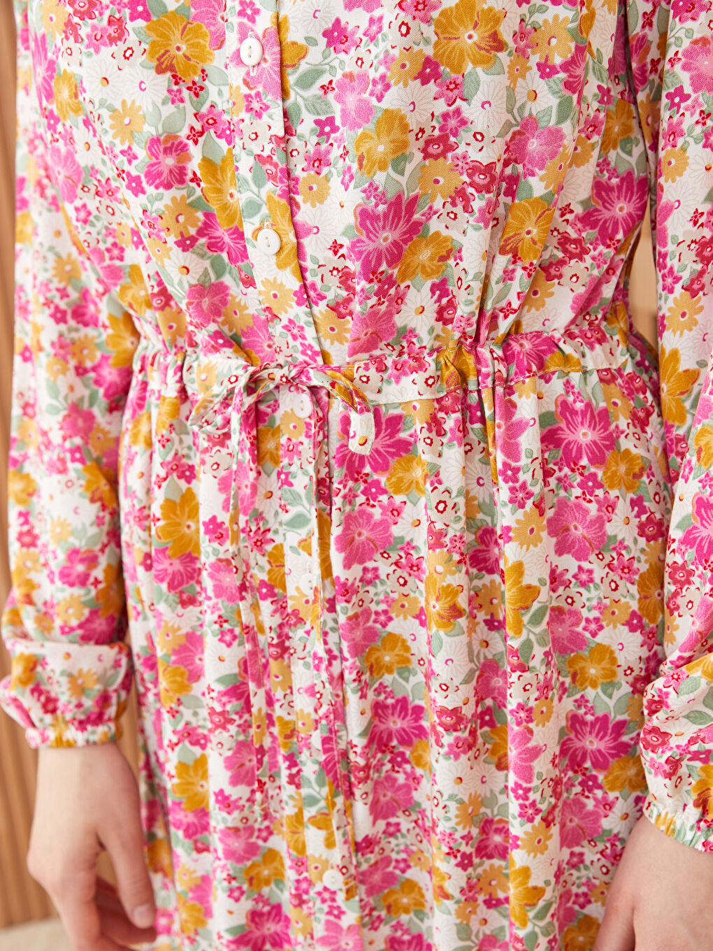 Grandad Collar Floral Long Sleeve Women's Shirt Dress-3