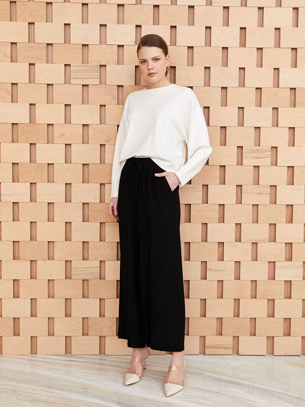 Elasticated Waist Plain Wide Leg Women's Trousers