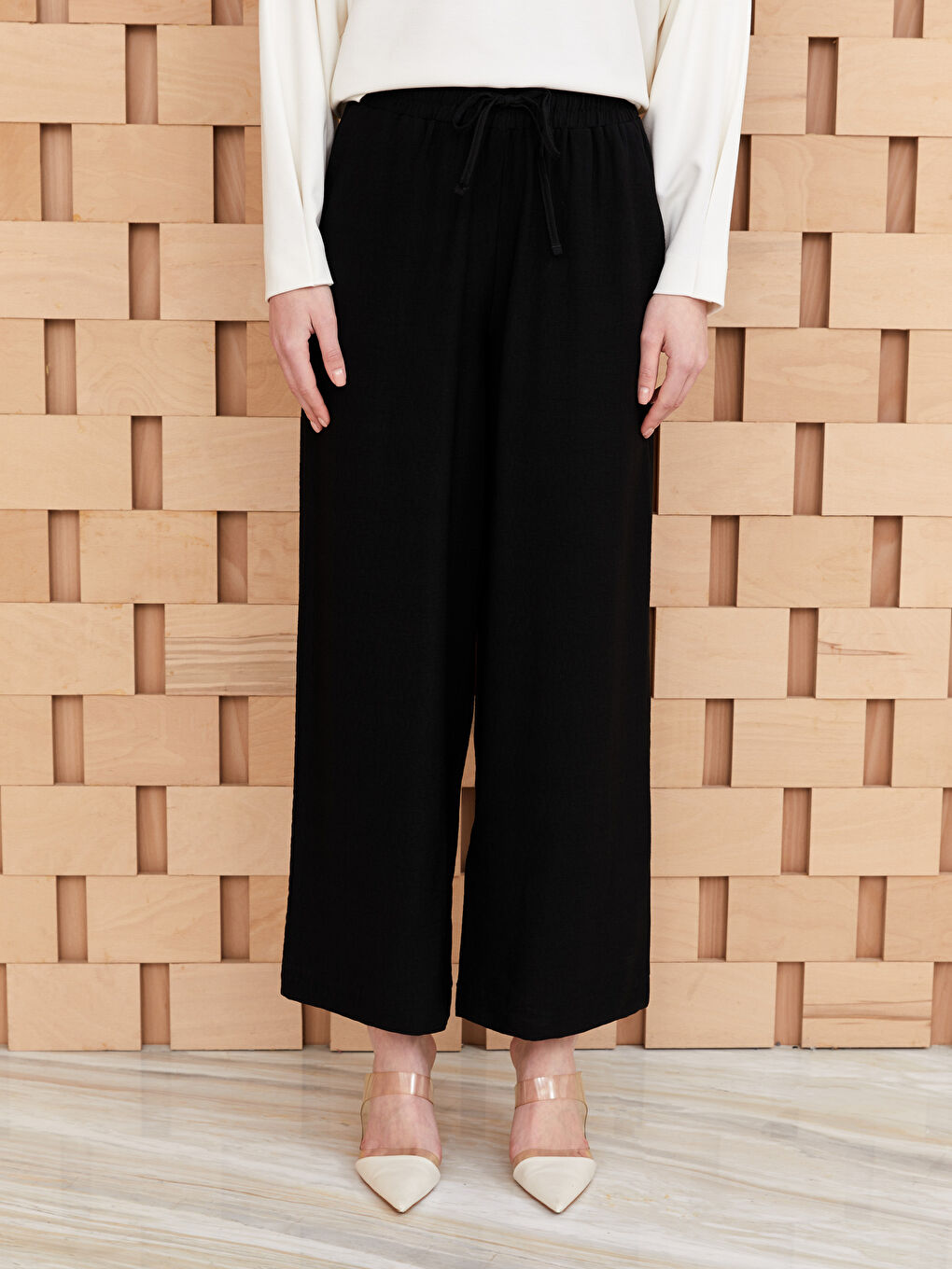 Elasticated Waist Plain Wide Leg Women's Trousers-3