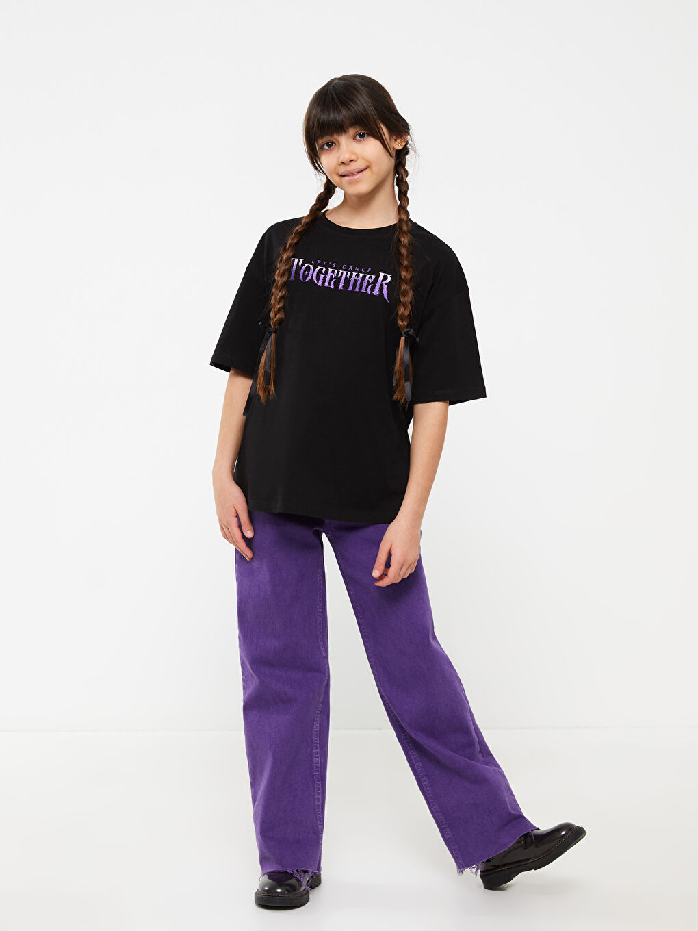 Siyah Bisiklet Yaka Baskılı Kısa Kollu Kız Çocuk Tişört-3