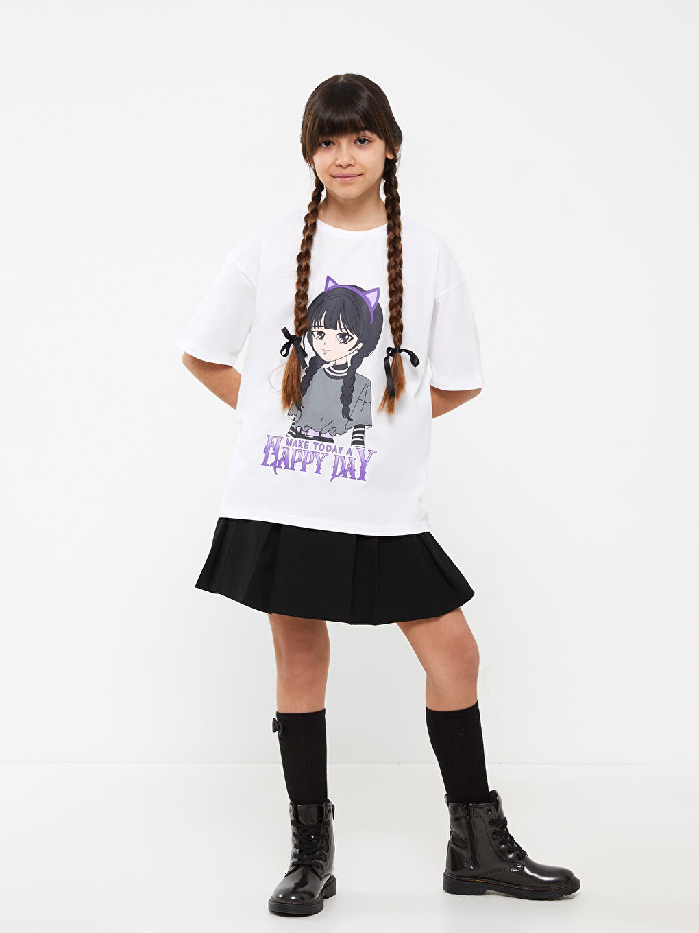 Beyaz Bisiklet Yaka Baskılı Kısa Kollu Kız Çocuk Tişört-3