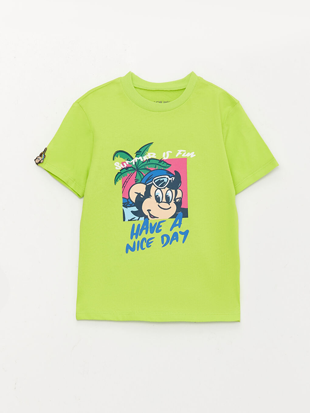 Yeşil Bisiklet Yaka Kısa Kollu Nostaljik Maymun Baskılı Erkek Bebek Tişört