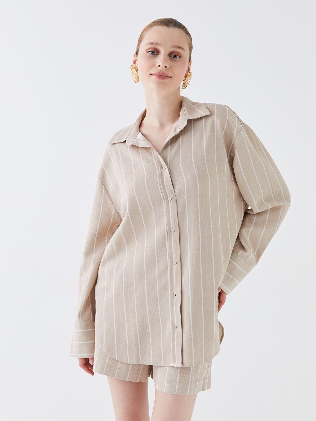 Bej Çizgili Uzun Kollu Oversize Keten Karışımlı Kadın Gömlek