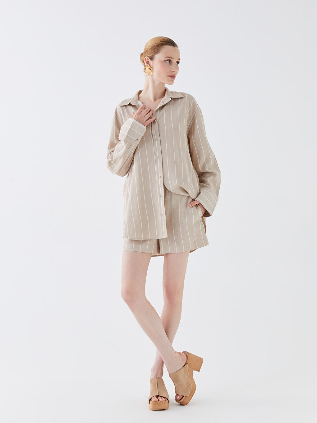 Bej Çizgili Uzun Kollu Oversize Keten Karışımlı Kadın Gömlek-2