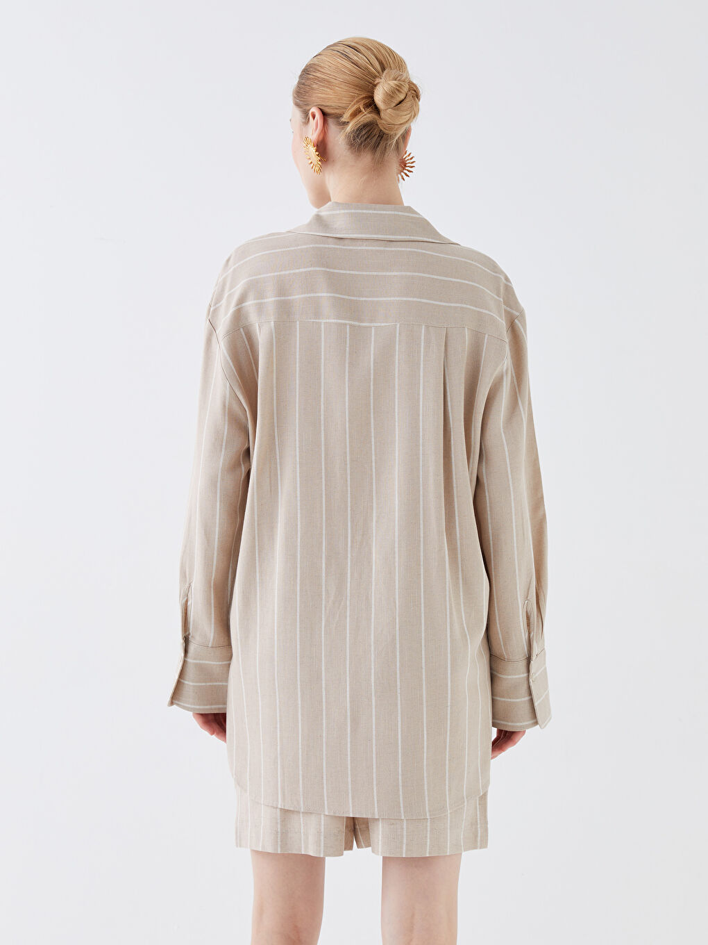 Bej Çizgili Uzun Kollu Oversize Keten Karışımlı Kadın Gömlek-4