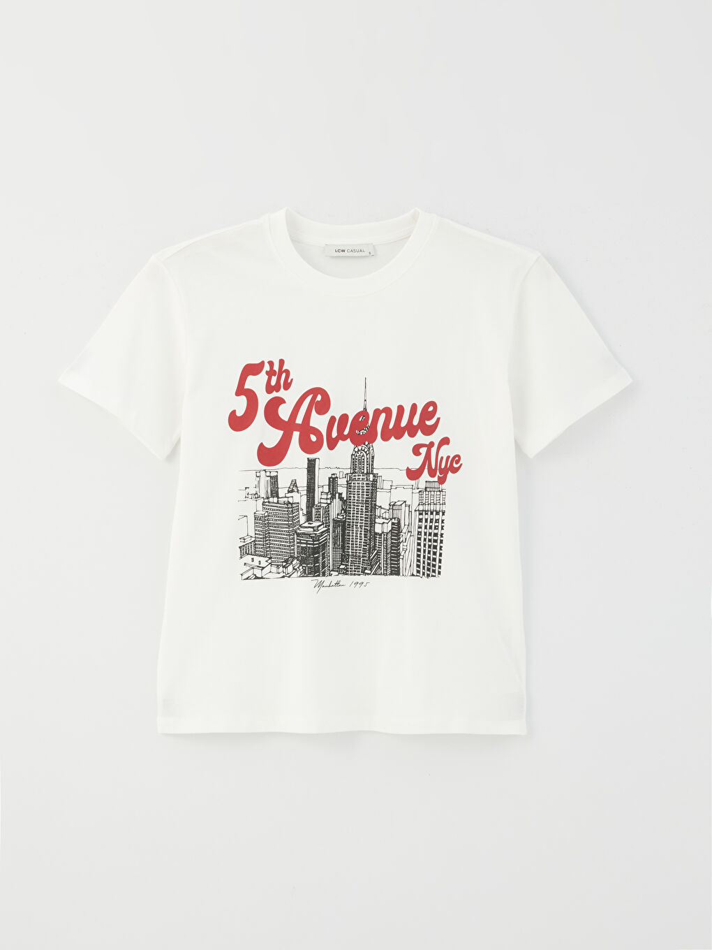 Ekru Bisiklet Yaka Baskılı Kısa Kollu Kadın Tişört-5