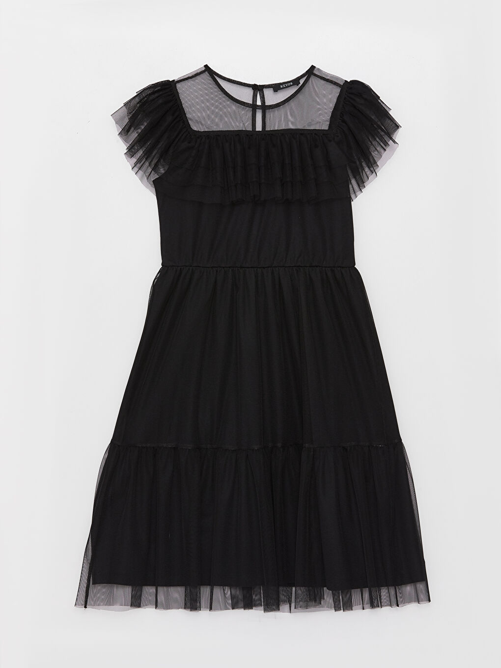 Siyah Bisiklet Yaka Kısa Kollu Kız Çocuk Tül Elbise-3