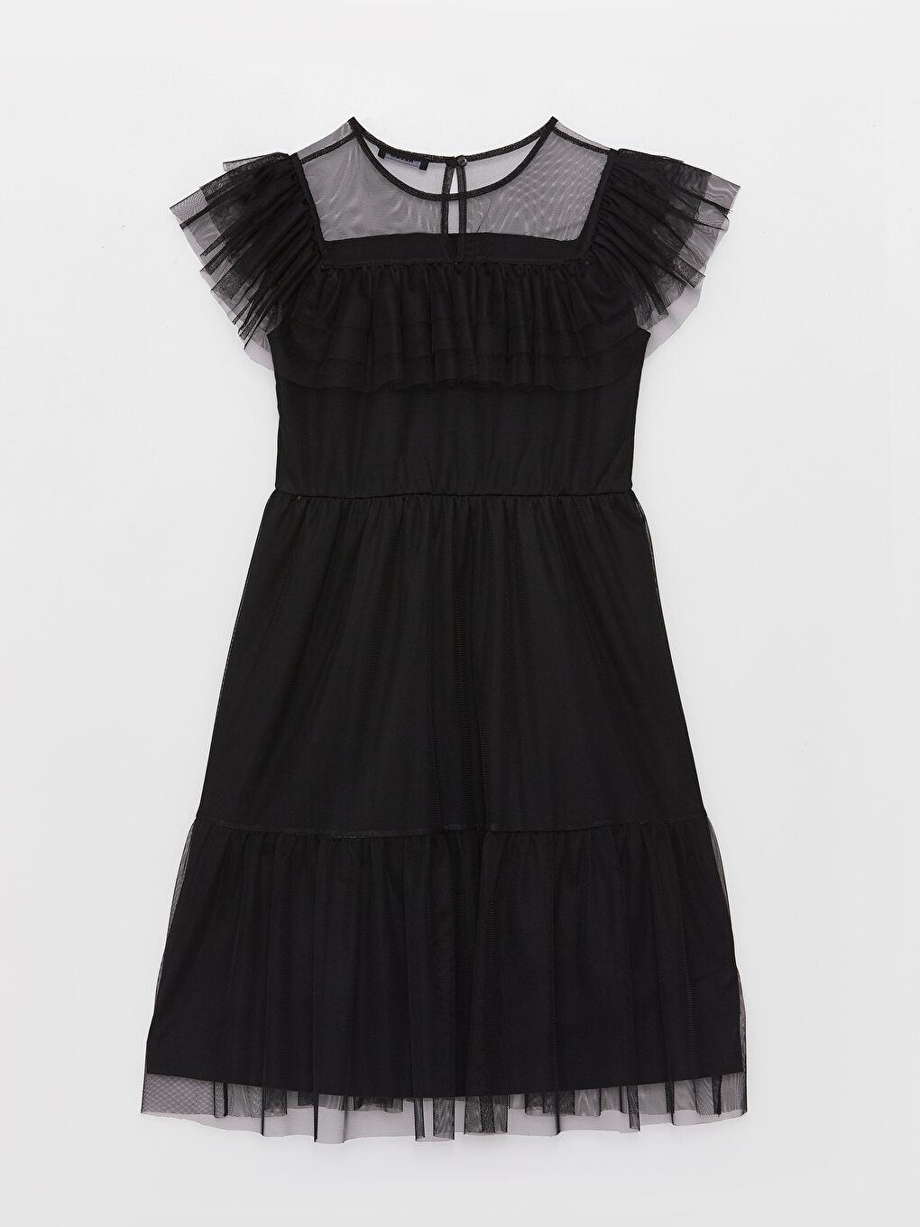 Siyah Bisiklet Yaka Kısa Kollu Kız Çocuk Tül Elbise-4