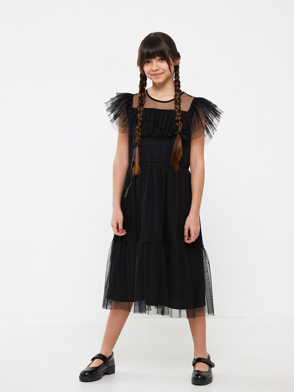 Siyah Bisiklet Yaka Kısa Kollu Kız Çocuk Tül Elbise