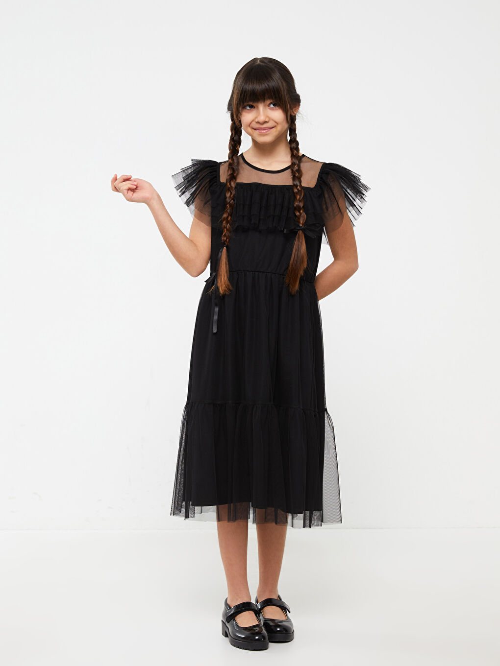 Siyah Bisiklet Yaka Kısa Kollu Kız Çocuk Tül Elbise-1