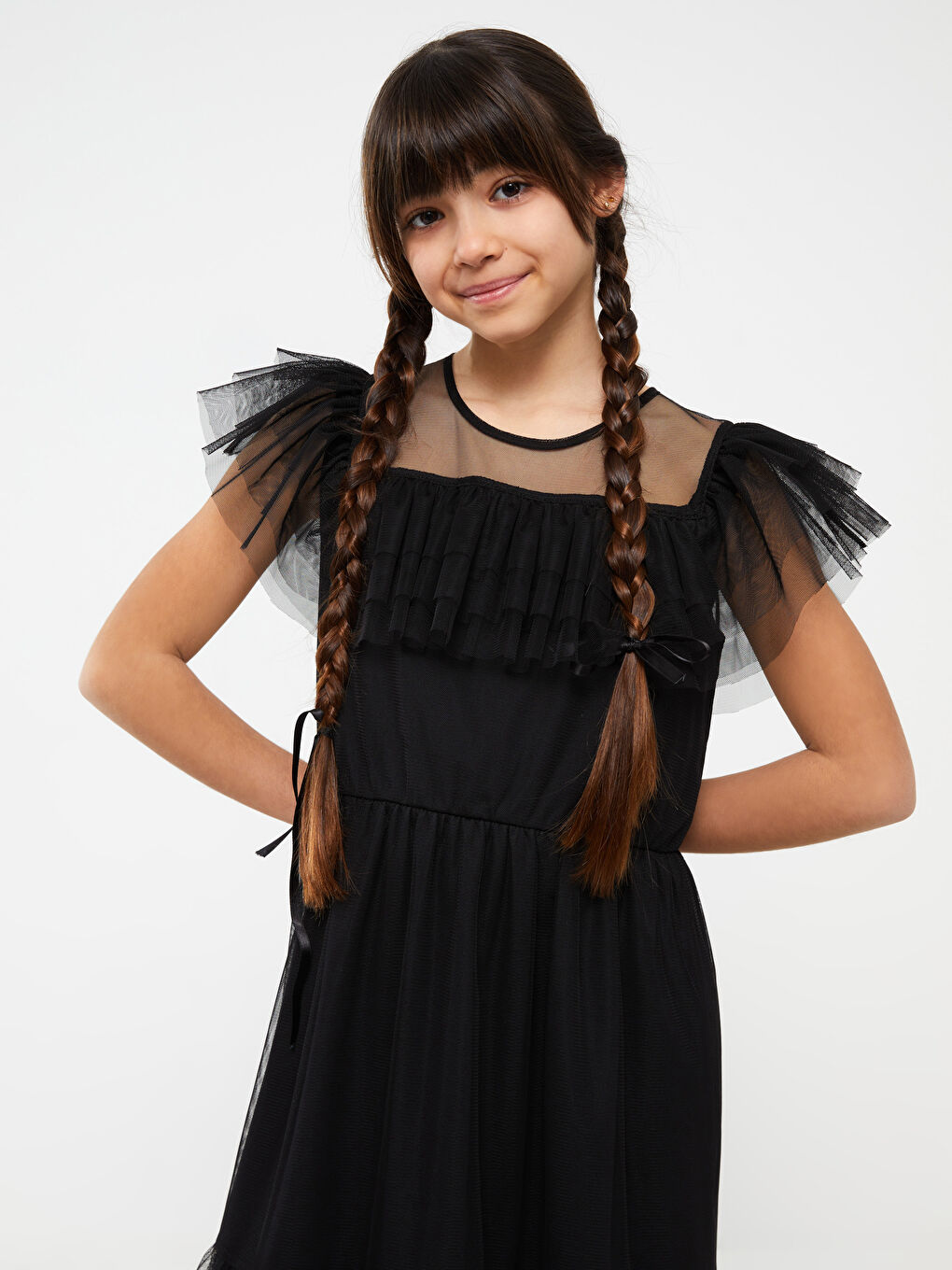 Siyah Bisiklet Yaka Kısa Kollu Kız Çocuk Tül Elbise-2