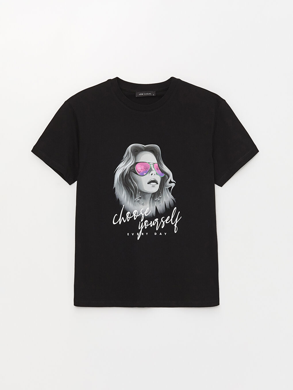 Siyah Bisiklet Yaka Baskılı Kısa Kollu Kadın Tişört-5