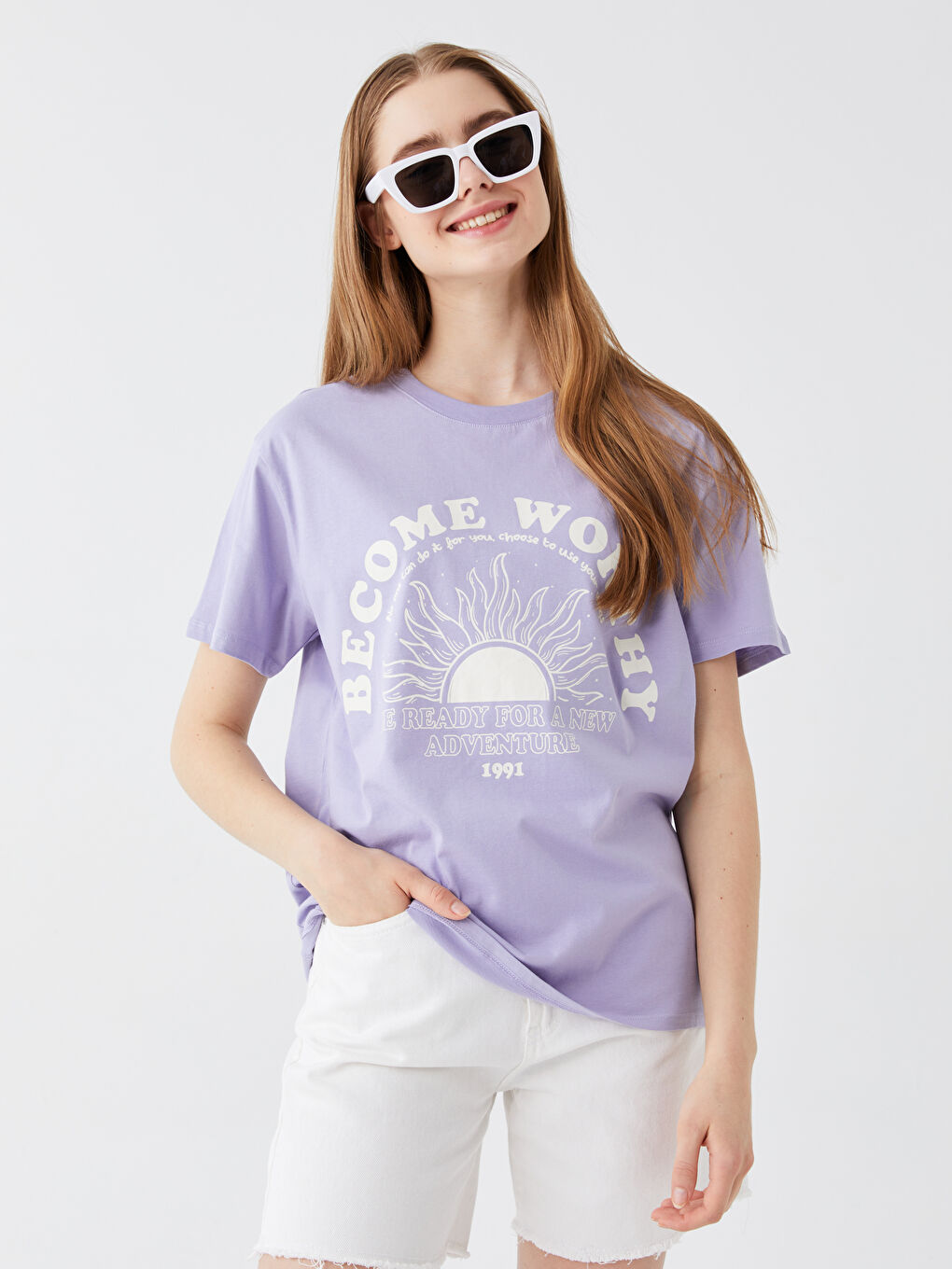 Lila Bisiklet Yaka Baskılı Kısa Kollu Kadın Tişört