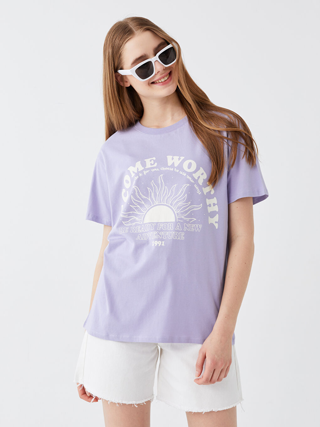 Lila Bisiklet Yaka Baskılı Kısa Kollu Kadın Tişört-1