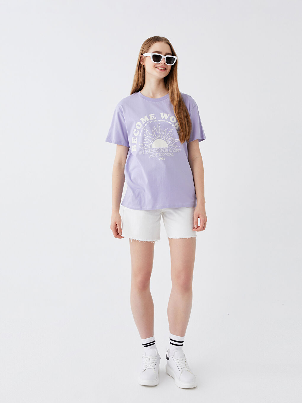 Lila Bisiklet Yaka Baskılı Kısa Kollu Kadın Tişört-2