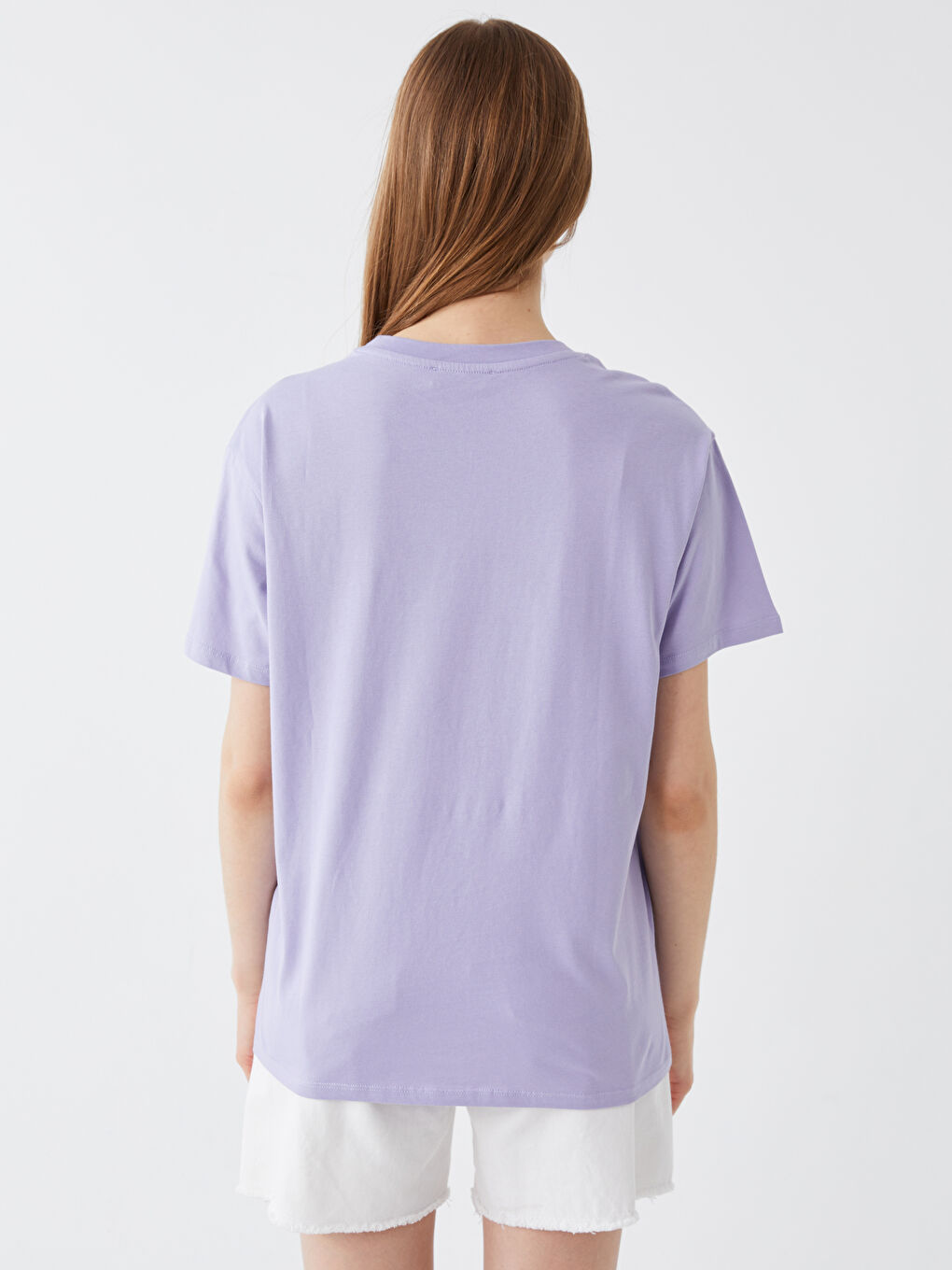 Lila Bisiklet Yaka Baskılı Kısa Kollu Kadın Tişört-4