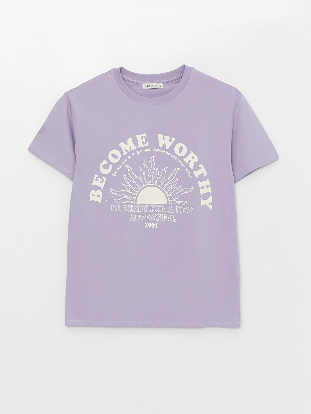 Lila Bisiklet Yaka Baskılı Kısa Kollu Kadın Tişört-5