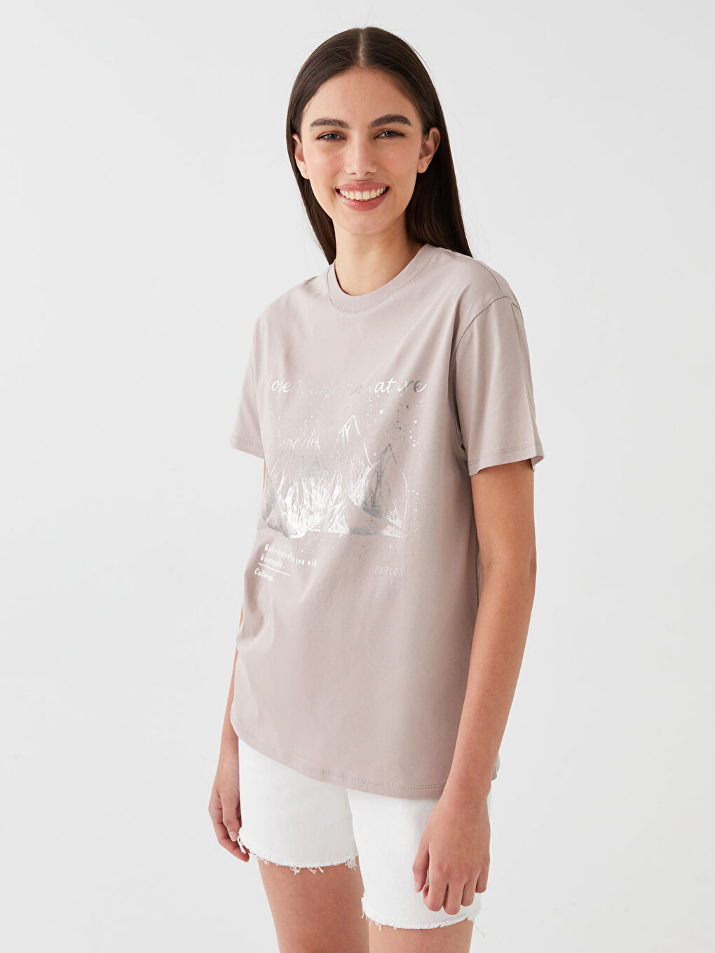 Kahverengi Bisiklet Yaka Baskılı Kısa Kollu Kadın Tişört