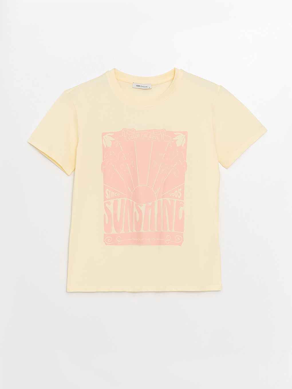 Sarı Bisiklet Yaka Baskılı Kısa Kollu Kadın Tişört-5