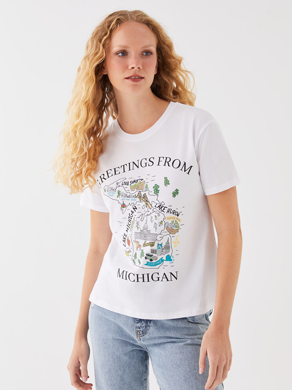 Tricou cu Mânecă Scurtă Imprimat cu Guler Rotund pentru Femei-1