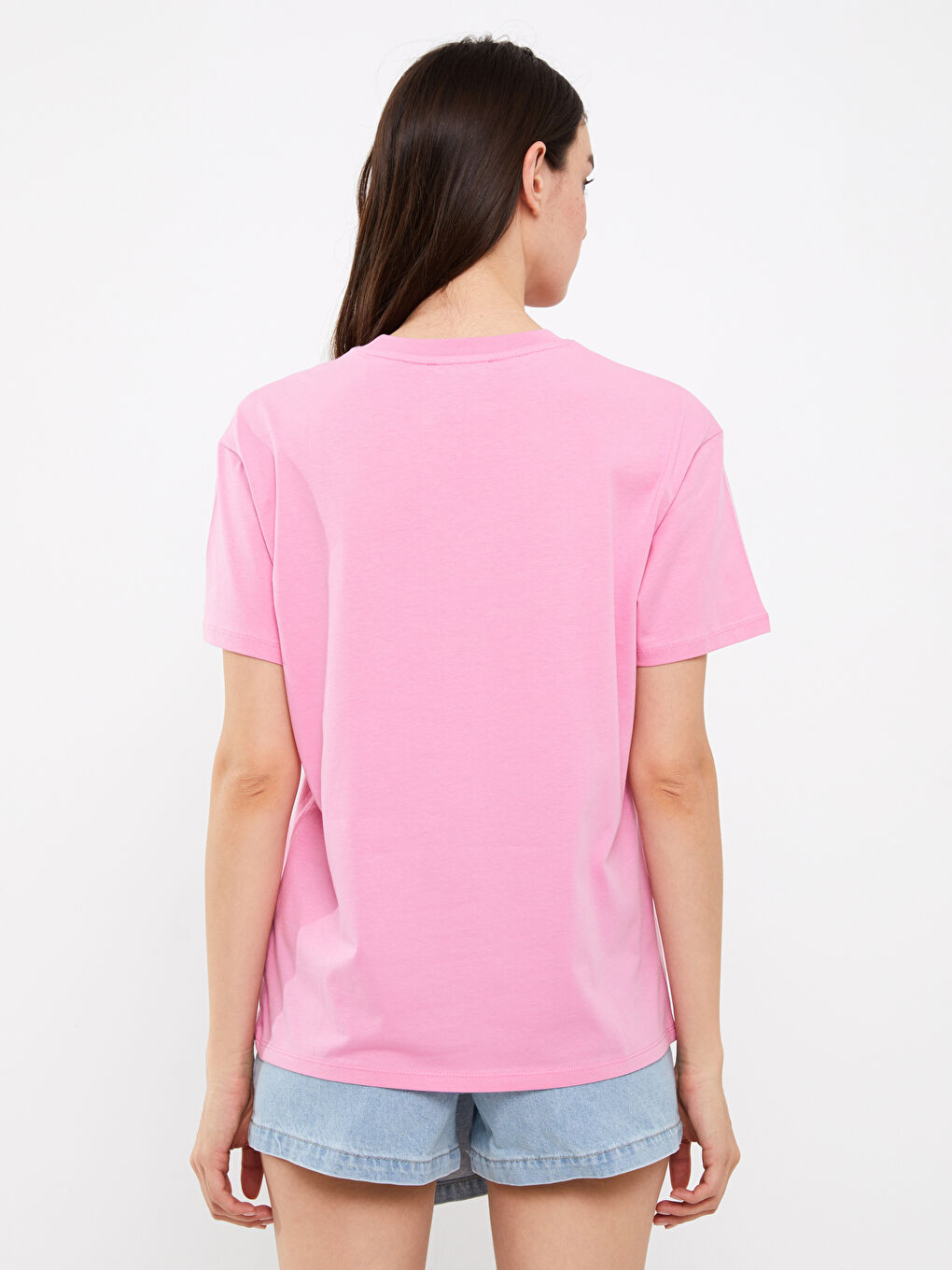 Pembe Bisiklet Yaka Baskılı Kısa Kollu Kadın Tişört-4