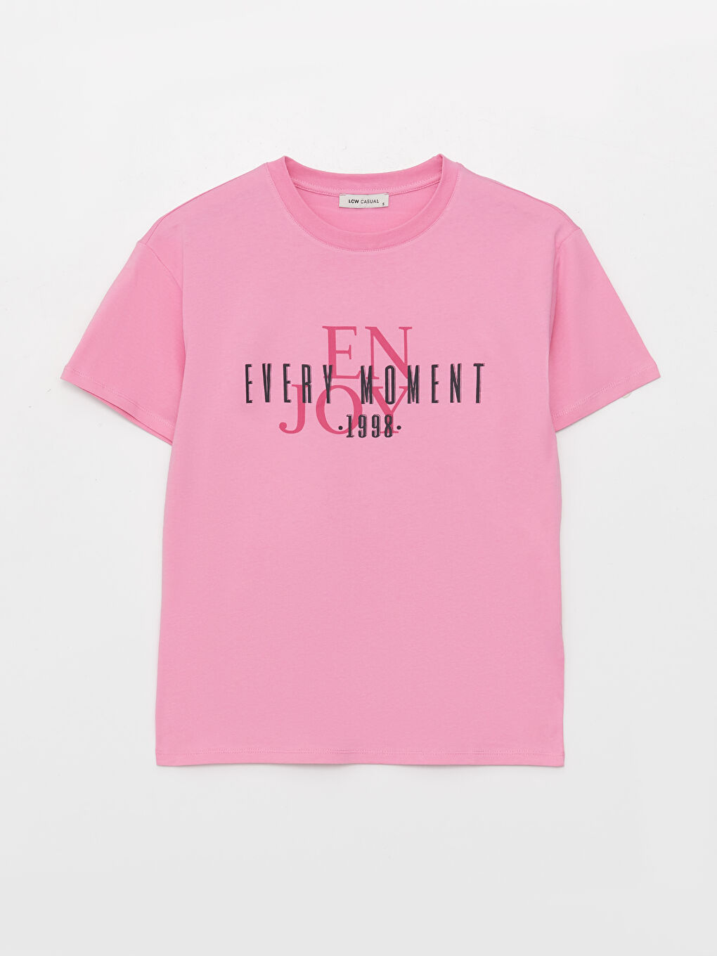 Pembe Bisiklet Yaka Baskılı Kısa Kollu Kadın Tişört-5