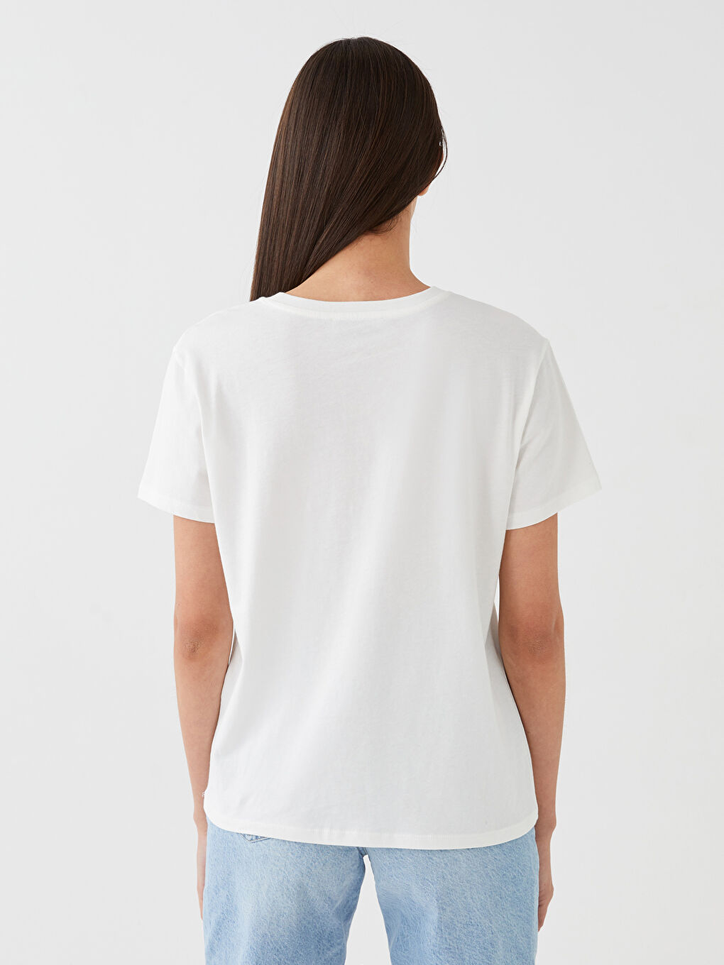 Ekru Bisiklet Yaka Baskılı Kısa Kollu Kadın Tişört-4