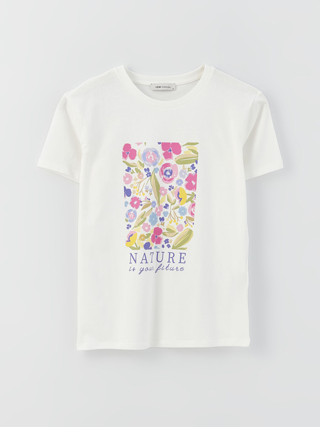 Ekru Bisiklet Yaka Baskılı Kısa Kollu Kadın Tişört-5