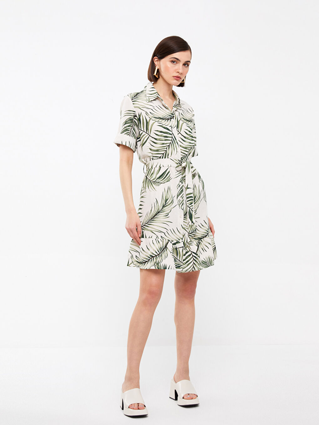 Yeşil Gömlek Yaka Desenli Kısa Kollu Keten Karışımlı Kadın Elbise