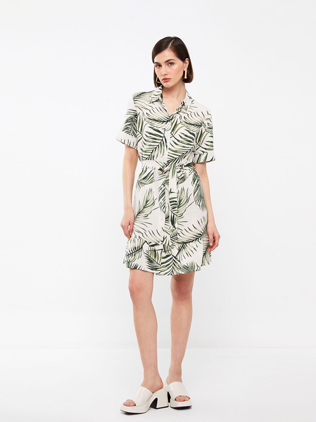 Yeşil Gömlek Yaka Desenli Kısa Kollu Keten Karışımlı Kadın Elbise-1