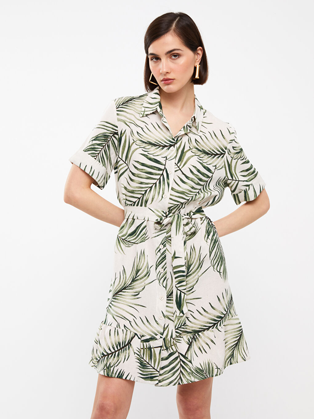 Yeşil Gömlek Yaka Desenli Kısa Kollu Keten Karışımlı Kadın Elbise-2