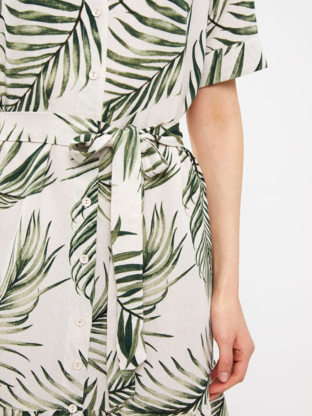 Yeşil Gömlek Yaka Desenli Kısa Kollu Keten Karışımlı Kadın Elbise-3