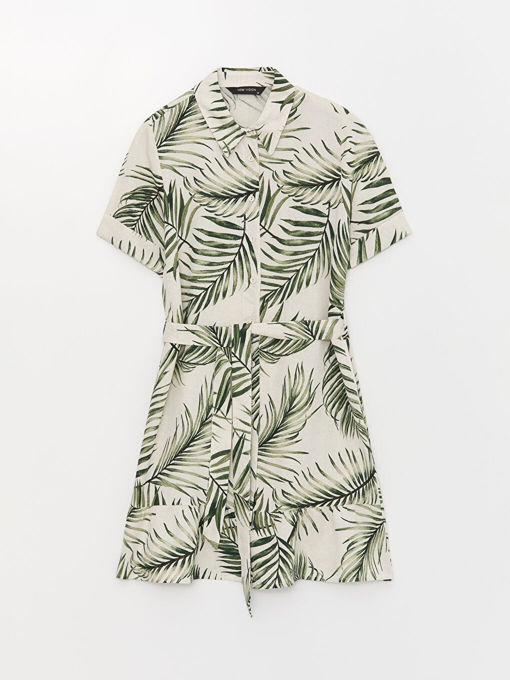 Yeşil Gömlek Yaka Desenli Kısa Kollu Keten Karışımlı Kadın Elbise-5