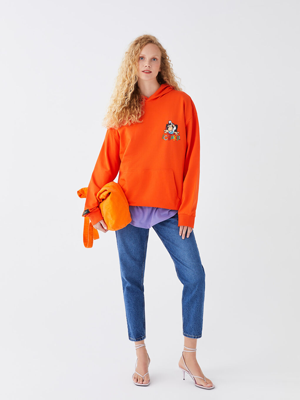 Turuncu Uzun Kollu Nostaljik Maymun Baskılı Erkek Hoodie-3