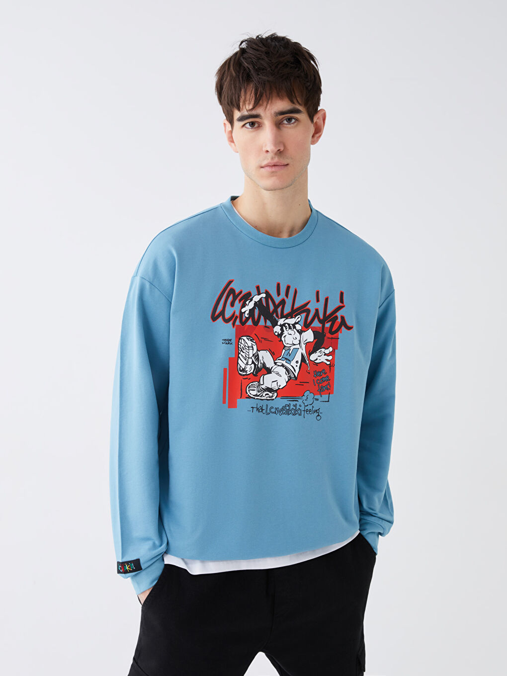 LCW Casual Mat Mavi Bisiklet Yaka Uzun Kollu Nostaljik Maymun Baskılı Erkek Sweatshirt - 2